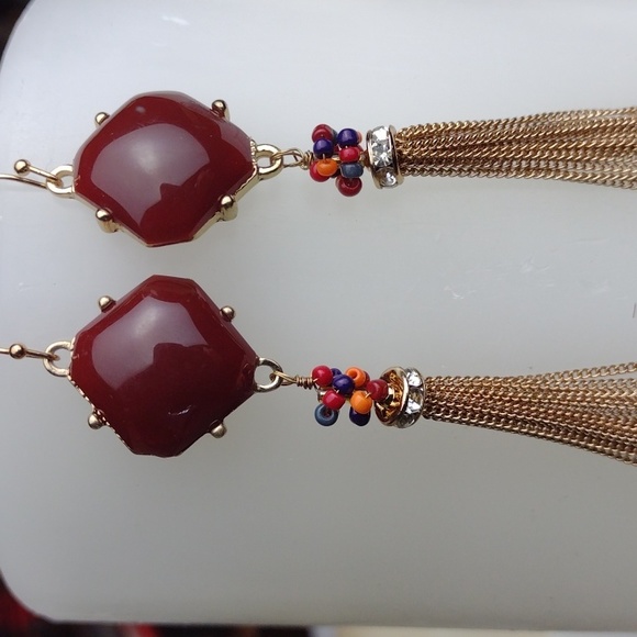 Mia Collection Gold Tone Bordeaux Stone Rhinestone Chain Fringe Drop Earrings - Picture 7 of 8